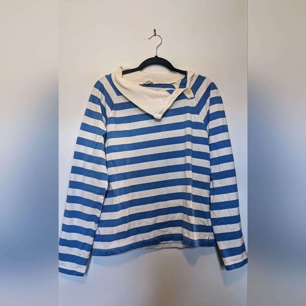 J. Crew Nautical Blue & White Striped High Neck Button Neck Top sz L
